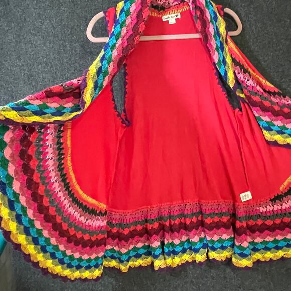 Double Zero Boho Crochet Ruffle Vest Rainbow Trim Cardigan Open Front - Picture 5 of 12